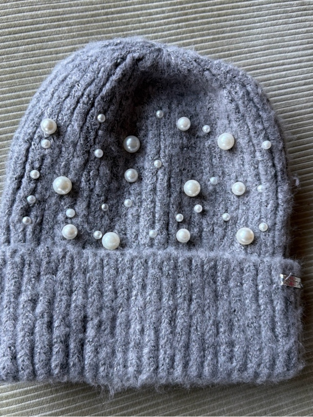 Jessica Simpson Gray Knit Beanie with Pearl Embellishments